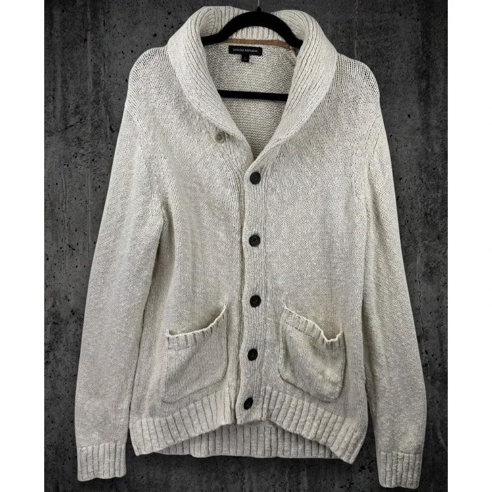 Banana‎ Republic Cardigan Sweater Mens Large Cream Cotton Shawl Collar Chunky